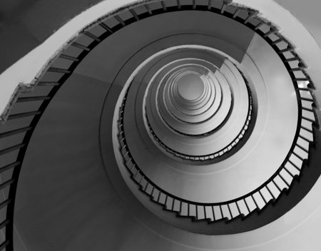 spiral staicase like a snail with perfect proportions of Golden Ratio in black and white