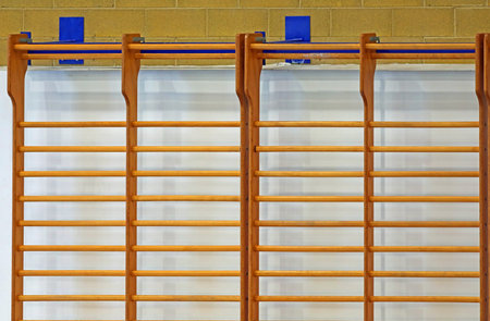 Very large wooden wall bars in a gym for performing gymnastic exercises
