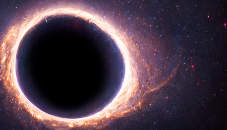 large black hole in the galaxy with stars around it and a dark interior where even light is absorbedの素材