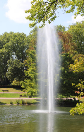 fountain with powerful high water jet in the public parks pond in summer
