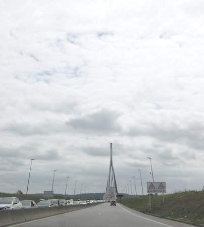 Le Havre,H, FRA, France - August 22, 2022: Normandy Bridge and the cars on the roadのeditorial素材
