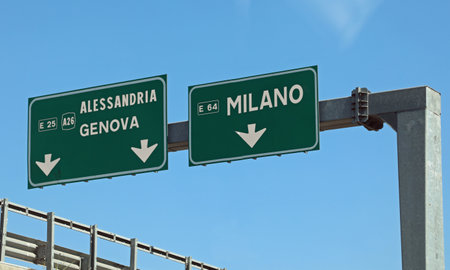 Motorway sign to go to the Italian cities of Genoa Milan or Alessandria in Northern Italyの写真素材