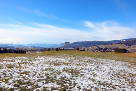 Asiago, VI, Italy - December 9, 2023: War Memorial called Ossario del Leiten in winterのeditorial素材