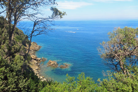 panorama view from above of beautiful blue Mediterranean sea in summer without peopleの写真素材