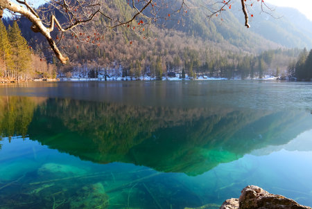 enchanting mountain panorama with the Italian Alps in winter and the transparent water of the lake of glacial origin and you can see the trunks under the waterの写真素材