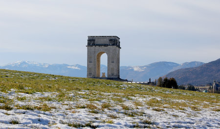 Asiago, VI, Italy - December 9, 2023: War Memorial called Ossario del Leiten in winterのeditorial素材