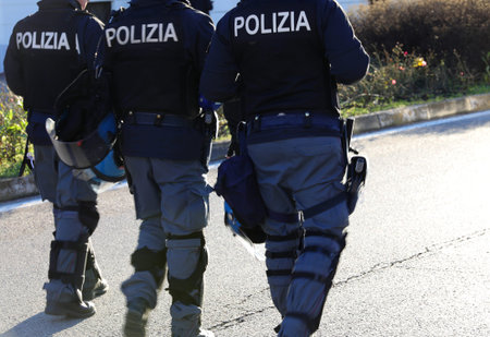 Vicenza, VI, Italy - January 20, 2024: Italian police in riot gear on the road of city