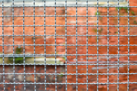metallic border separation fence and the brick wall of the penitentiary out of focus in the backgroundの写真素材