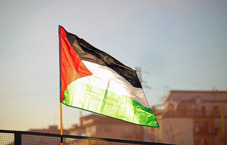 flag of Palestine in backlight during the protest in the cityの写真素材