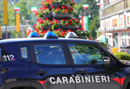 Vicenza, VI, Italy - May 10, 2024: Italian police car of the Carabinieri force and more flagsのeditorial素材