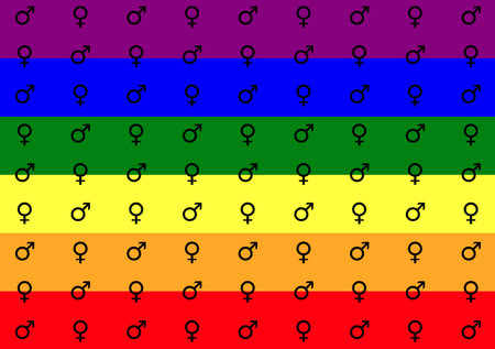 rainbow flag with horizontal colored stripes and black male and female symbols arranged neatly in a grid patternの写真素材