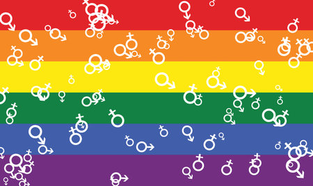 flag with rainbow colors purple blue green yellow orange and red and the symbols of male and femaleの写真素材