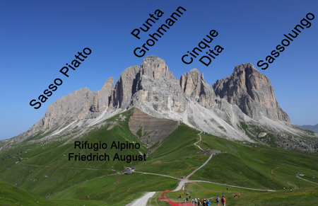 Mountain Range called SASSOLUNGO GROUP in Northern Italy with names of mountains in summerの写真素材