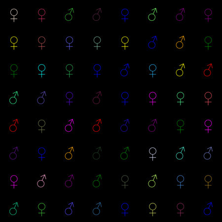 8x8 cells matrix for a total of 64 mixed male and female symbols with many random colorsの写真素材