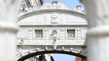 PONTE DEI SOSPIRI which means Bridge of sighs in Venice Italy between the balustradesの写真素材