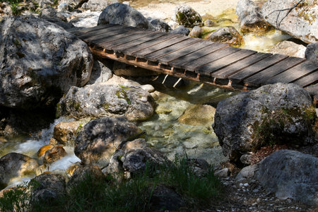 Small wooden bridge over the water of stream without peopleの写真素材