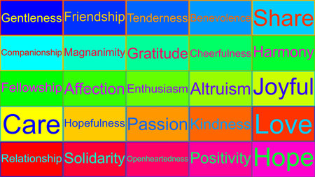 many very positive and hopeful words such as peace and friendship in a very colorful 5x5 matrix grid with the joy of shaded colorsの写真素材