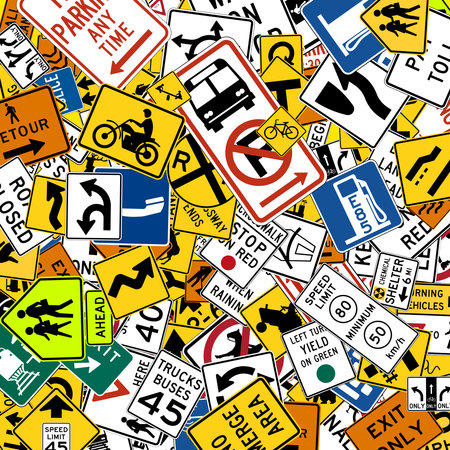 mixed overlapping road signs with various sizes and inclinations used in the United States of Americaの写真素材