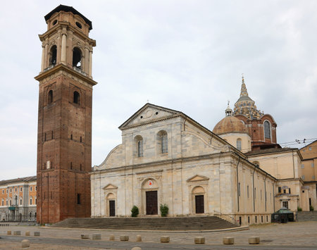 bell tower and ancient Church of Turin City in Northern Italy called DUOMO DI TORINO which houses the Holy Shroudの写真素材