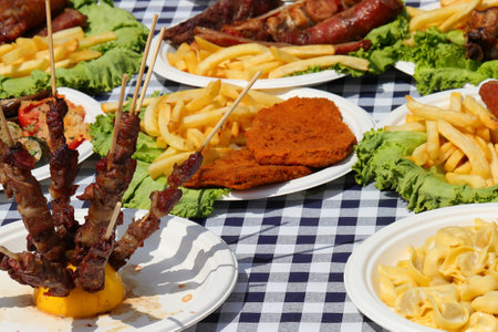 dishes with many dishes such as french fries meat skewers breaded cutlets sausages cooked on the grillの写真素材