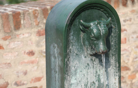 fountain of drinking water in Turin City in Northern Italy with green head of bull in cast-ironの写真素材