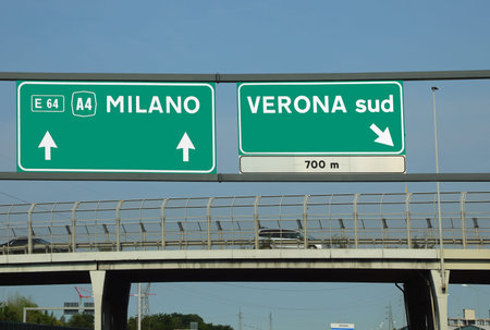 Road signage with names of Italian Place in Northern ITALY Milan and Verona Sud CITYの写真素材