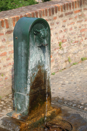 typical fountain of drinking water in Turin City in Northern Italy with green head of bull in cast-ironの写真素材