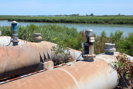 pumping station with pipelines used for canal dewatering and field irrigationの写真素材