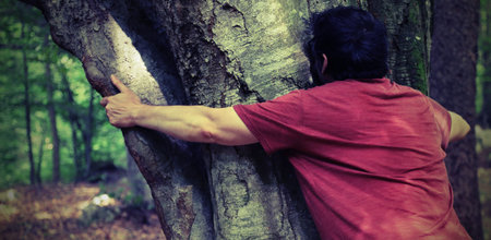 young man in a red wine colored t-shirt hugging a big tree trunk in the middle of the woods symbol of connection with the natural elements with old toned vintage effectの写真素材