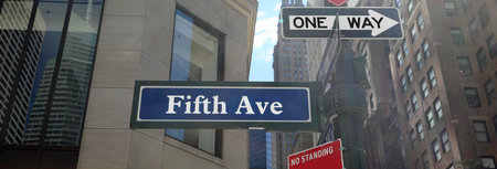 large Fifth Avenue street sign, famous luxury and business street and one way arrow in NYC in...