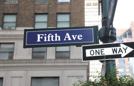 Road marker Fifth Ave directional sign ONE WAY street NYC downtown