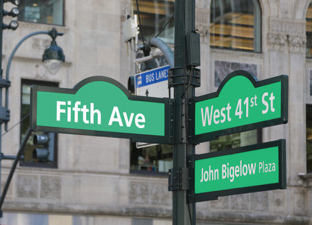 Street names intersection West 41st Street Fifth Avenue John Bigelow Plaza New York City USA