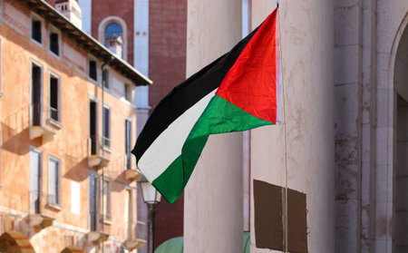 Protest demonstration featuring a waving Palestine flag and people's heads in a European city squareの写真素材