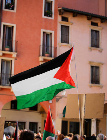 Waving Palestine flag during a massive downtown demonstrationの写真素材