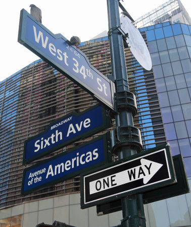 Crossroads display with road signs borough Manhattan New York