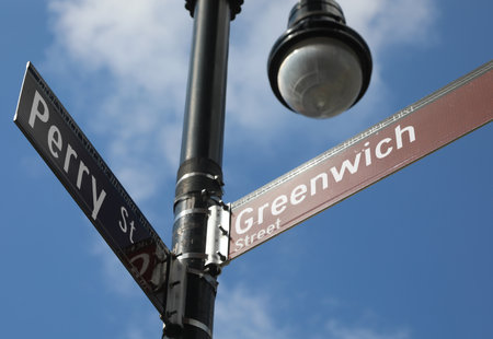 road sign in manhattan crossing perry street and greenwich village streetの写真素材