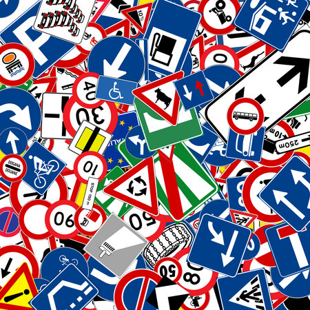 background of many Italian and European standard road signs for traffic law or driving schoolの写真素材