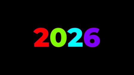 2026 year digit in vibrant rainbow colors on black background future new year gr