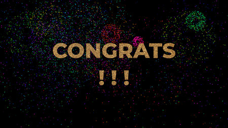 celebration text congratulations with golden glitter lettering black background vibrant fireworks artistic effectの写真素材