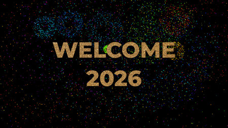 new year greeting welcome 2026 with golden glitter lettering black background vibrant fireworks artistic effectの写真素材