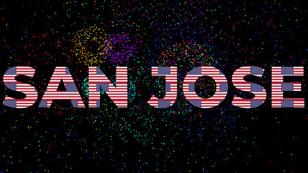 SAN JOSE text with an us flag texture inside letters and a black background with colorful fireworksの写真素材