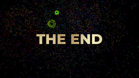 large text THE END written with glittering gold color on black background and fireworksの写真素材