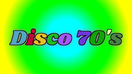 bright neon green and yellow gradient background with bold multicolored disco 70s text logo