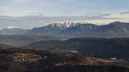 panoramic photo of the mountains around Klagenfurtの写真素材