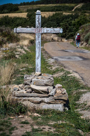 Cross saying "Eva" on Camino de Santiago, a Pilgrim's Way in Spainの写真素材