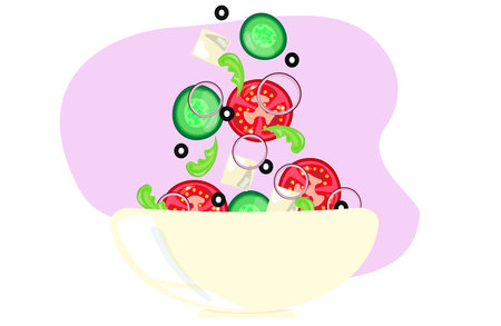 Vegetables salad with slices of feta cheese, tomatoes, olives, flying in the air to in bowl. Vector illustration in flat design.のイラスト素材