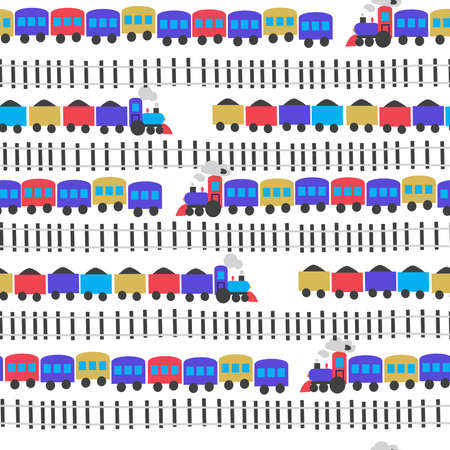 Seamless vector toy train pattern. baby print. Colored trains and railroad paths. Clouds of smokeのイラスト素材