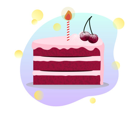 Piece of birthday cake with candle, pink cream and cherry. Happy Birthday greeting card design element.Vector flat illustrationのイラスト素材