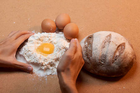 the village of eggs, white flour baked tasty and delicious rye breadの写真素材