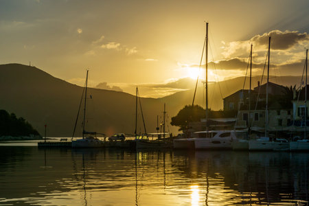 Sunrise on beautiful Fiscardo bay in Ionian Island Kefalonia, Greece in autumn